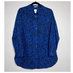 Chico's No-Iron Blue Leopard Print Long Sleeve Button Shirt Tunic Size 1 (Small)